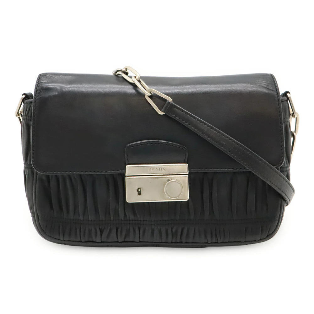 Prada Gathered Chain Shoulder Bag Hobo Leather Black Nero Black Key